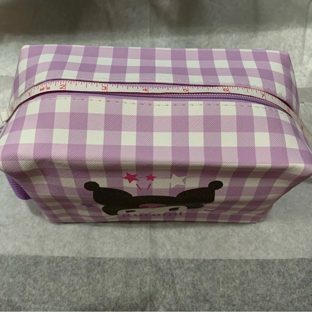 Kuromi Purple and White Gingham Check Zip Make Up Bag Pouch with Side Handle